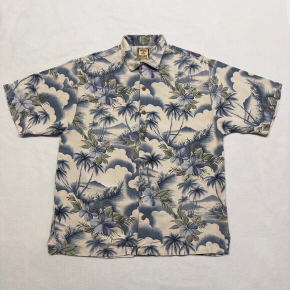 Tommy Bahama Mens Medium 100% Silk Tropical Floral Palm Tree Hawaiian Camp Shirt - Picture 1 of 9